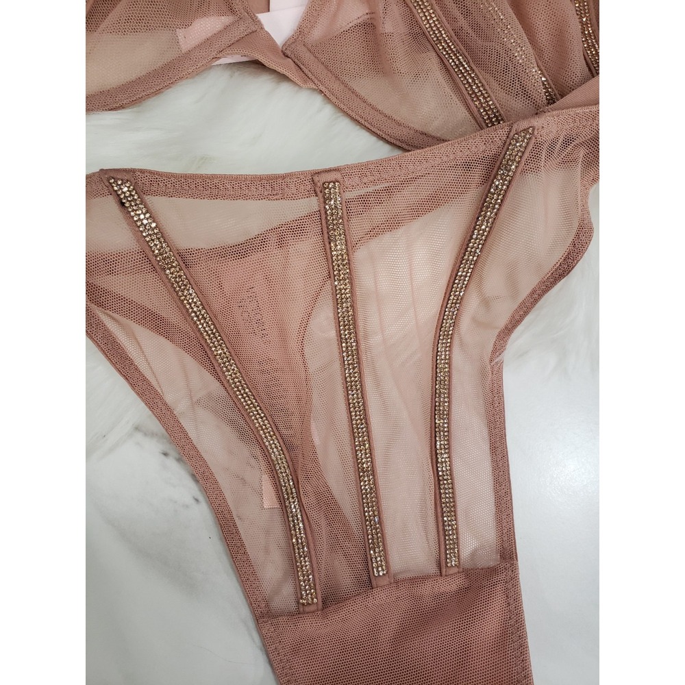 Victoria's Secret Shine Strap Unlined Low-Cut Demi Bra Thong Set Taupe 36DD & XL - Picture 7 of 11